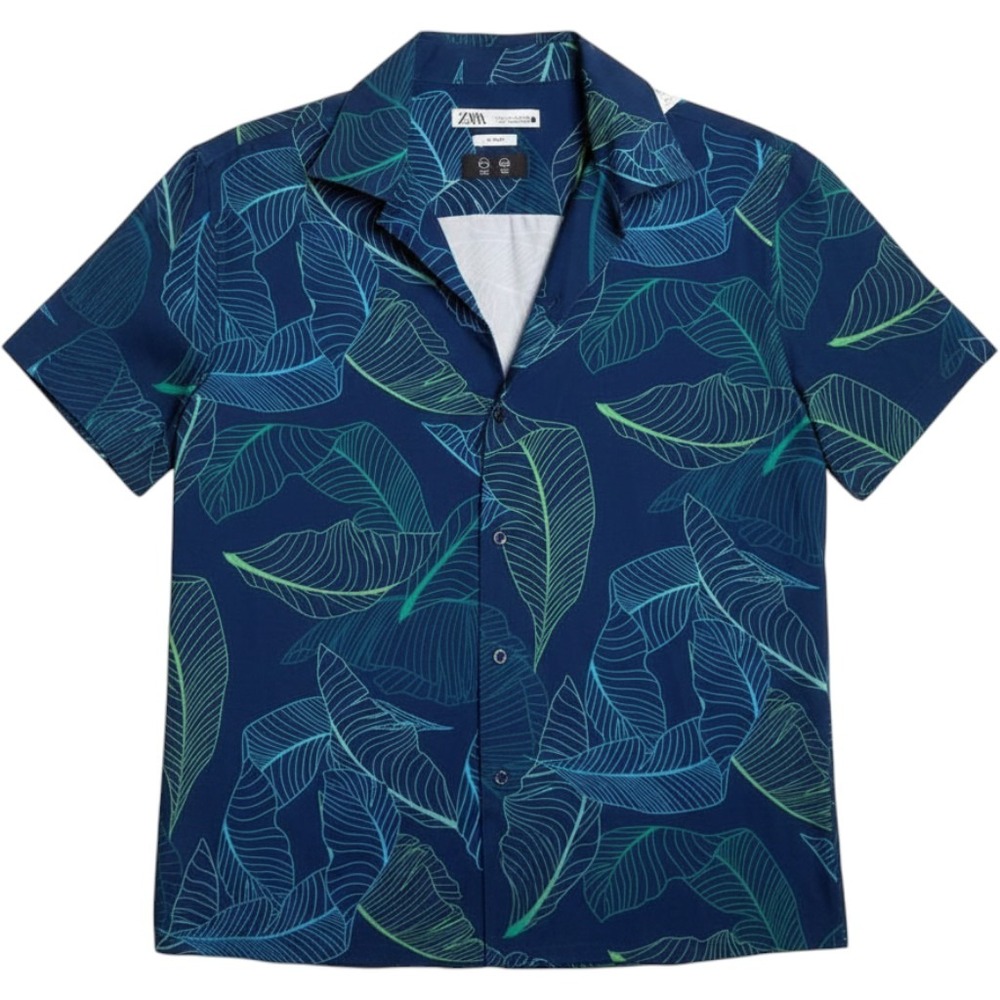 Zara Short Sleeve Hawaiian Shirt Blue Green Leaf Print Slim Fit Small